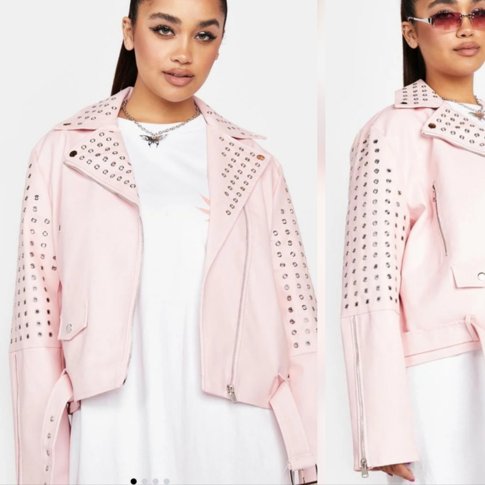 Azalea Wang Plus Rosalita Grommet Pink Faux Leather Moto Jacket Size 1x